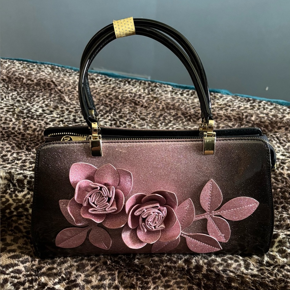NWT - Hand Bag with Roses (patent, top handle, crossbody)